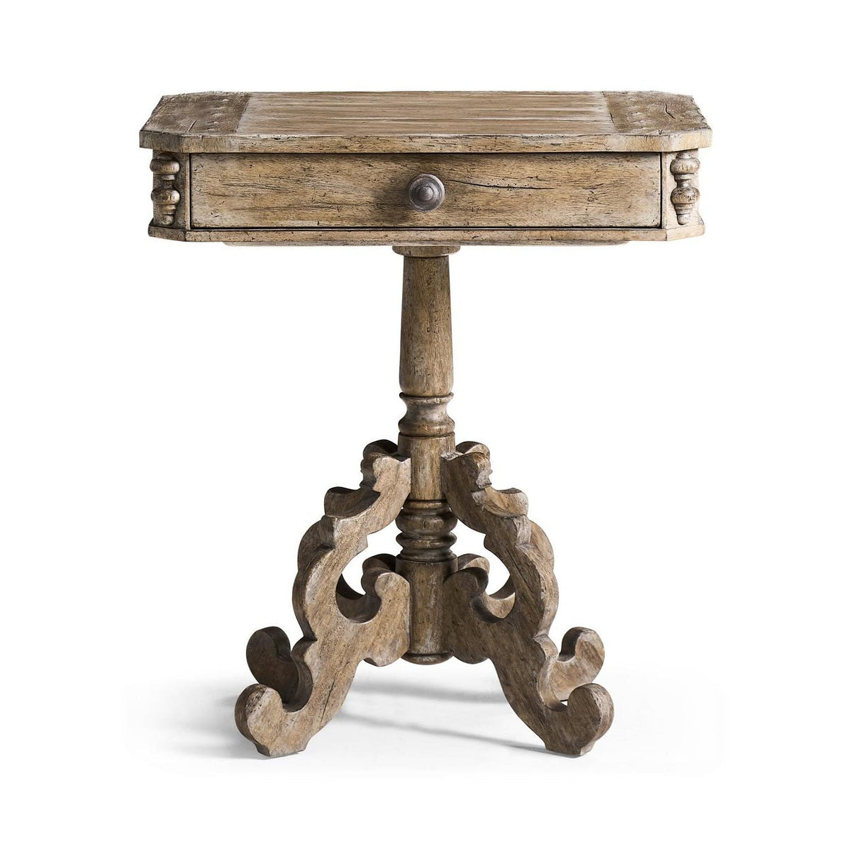 Rustic Oak French Country Pedestal Side Table - English Georgian America
