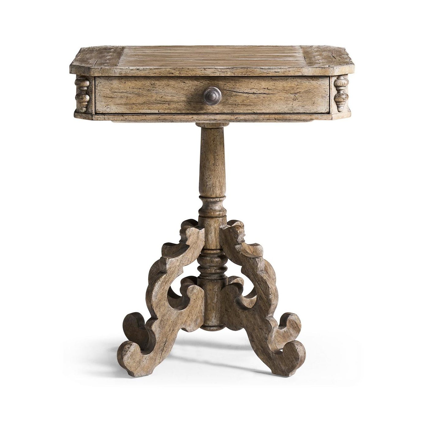 Rustic Oak French Country Pedestal Side Table - English Georgian America