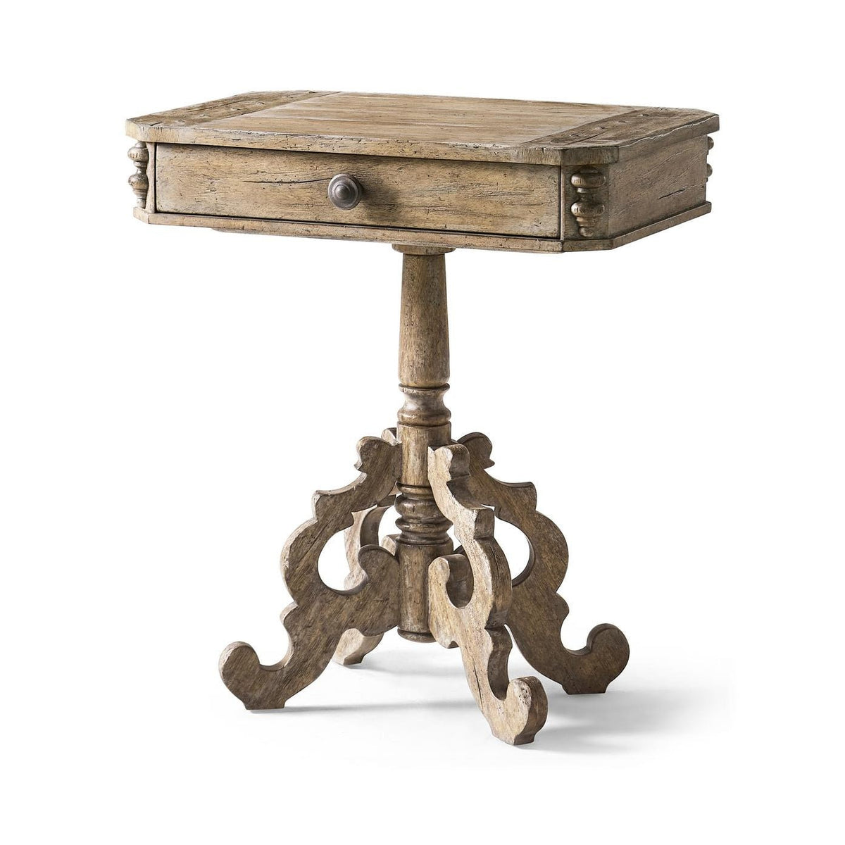 Rustic Oak French Country Pedestal Side Table - English Georgian America