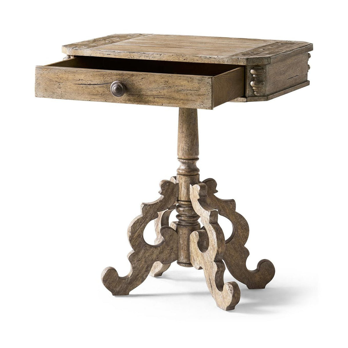 Rustic Oak French Country Pedestal Side Table - English Georgian America