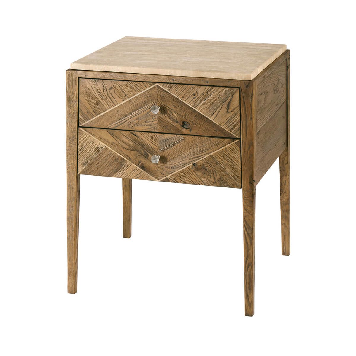 Rustic Oak Parquetry Bedside Table - English Georgian America