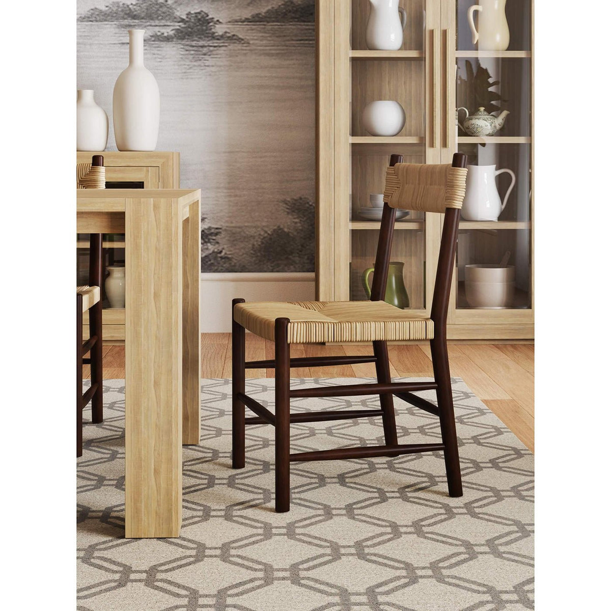 Rustic Rush Seat Dining Chair in Dark Wood - English Georgian America