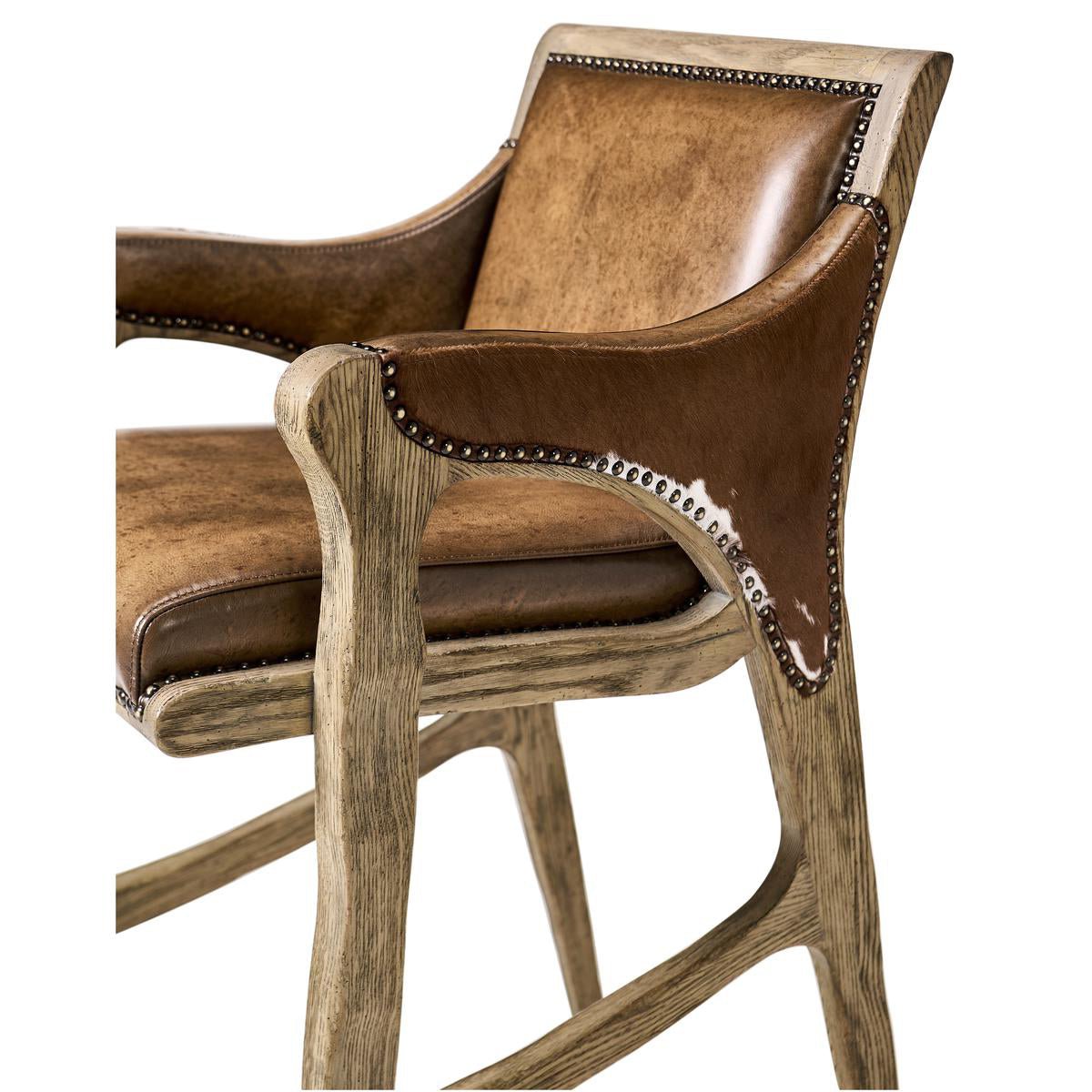 Rustic Western Leather &amp; Hide Bar Stool - English Georgian America