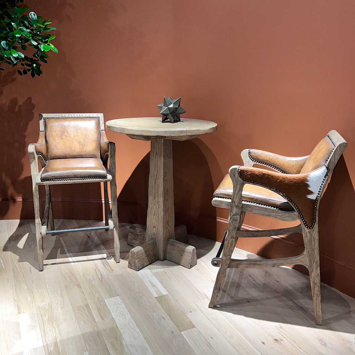 Rustic Western Leather &amp; Hide Bar Stool - English Georgian America