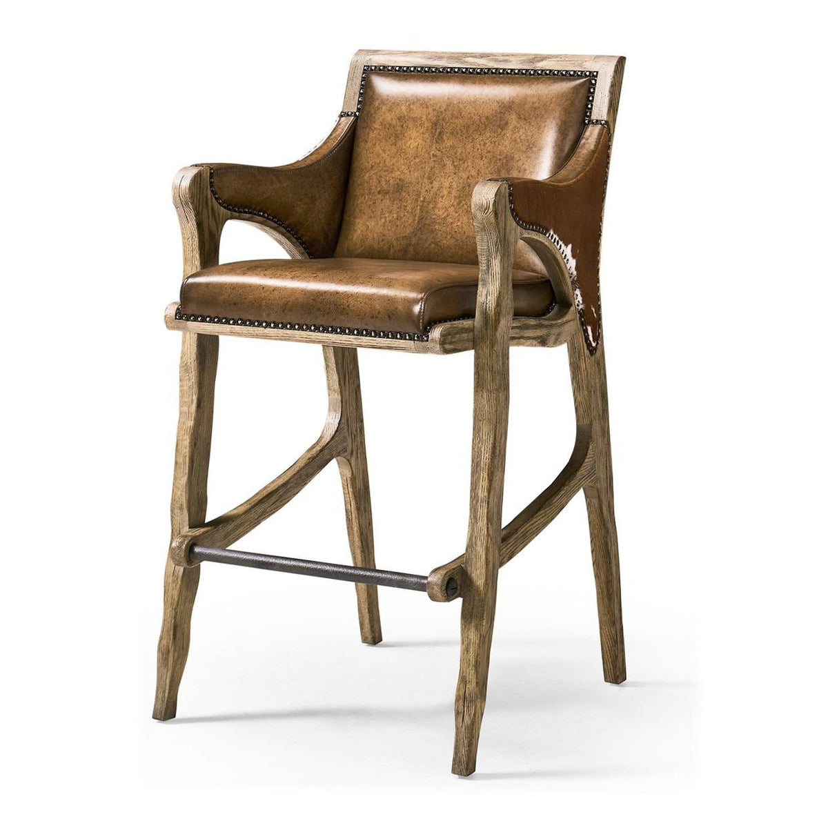 Rustic Western Leather &amp; Hide Bar Stool - English Georgian America