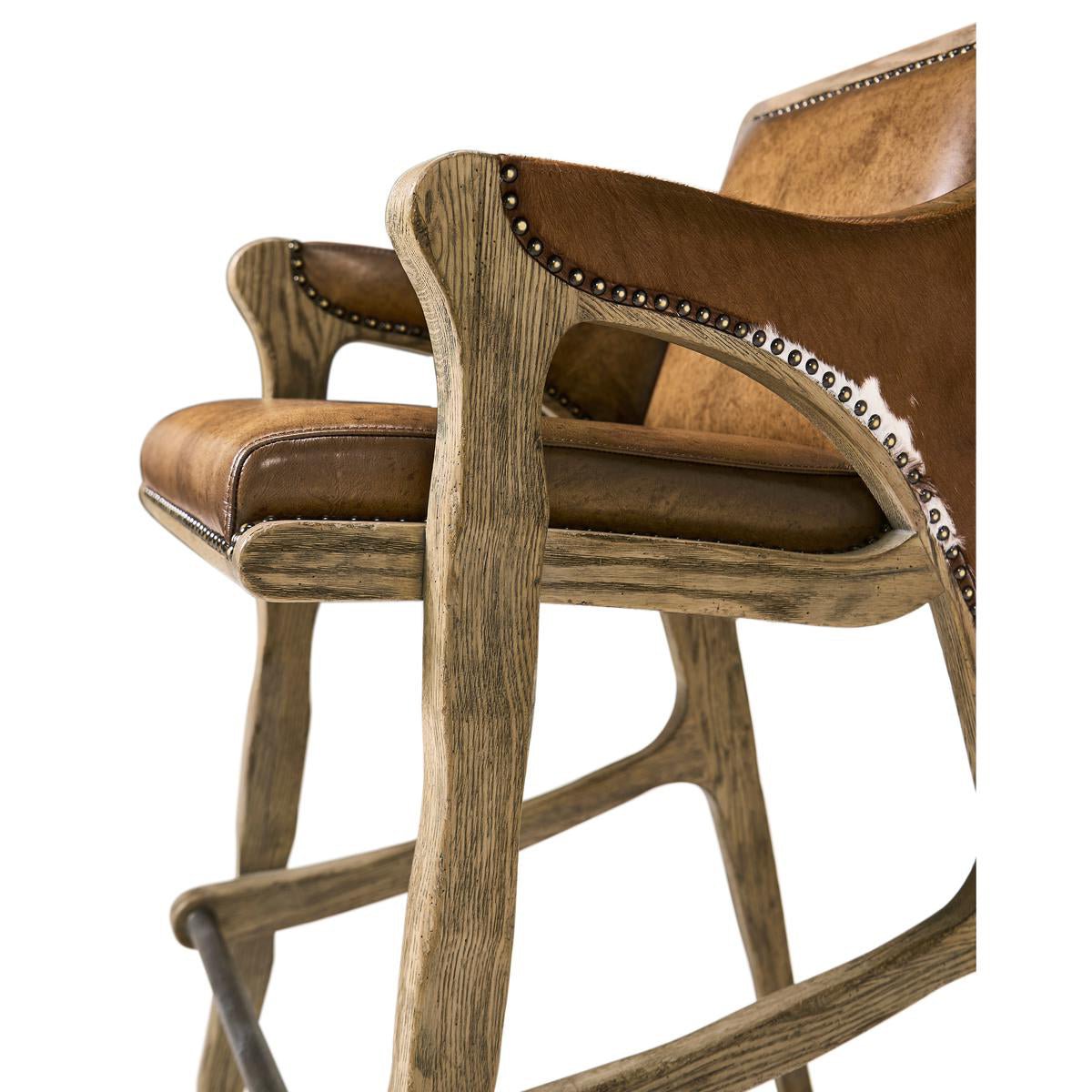 Rustic Western Leather &amp; Hide Bar Stool - English Georgian America