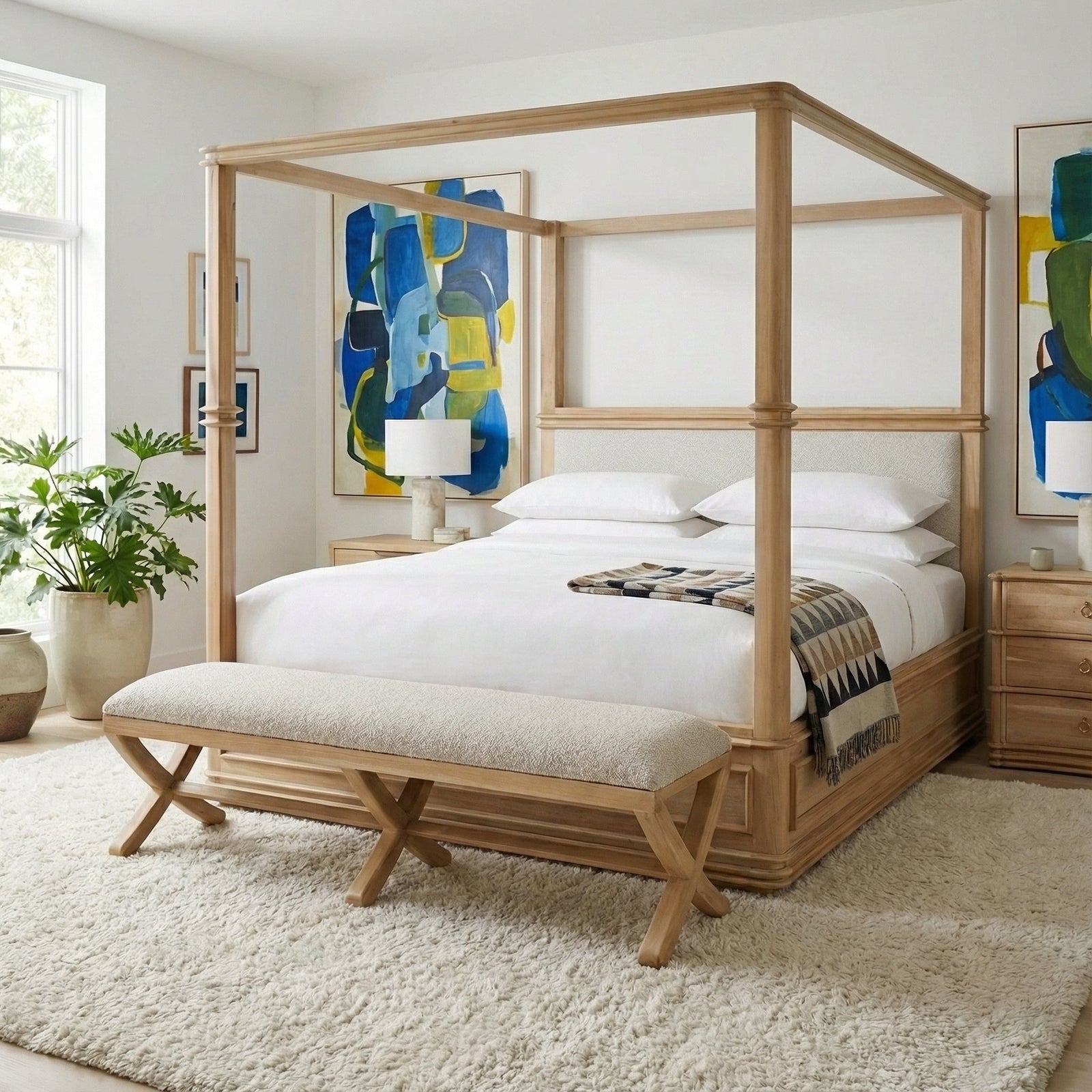 Scandinavian Minimalist Bench with Upholstered Seat - English Georgian America