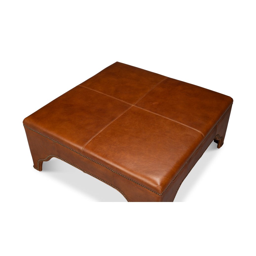 Square Brown Leather Cocktail Ottoman - English Georgian America