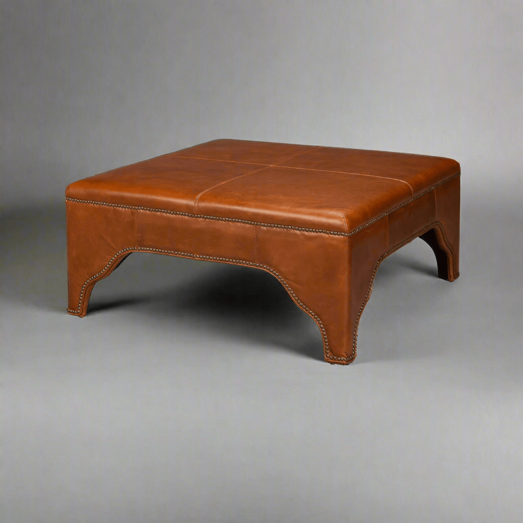 Square Brown Leather Cocktail Ottoman - English Georgian America