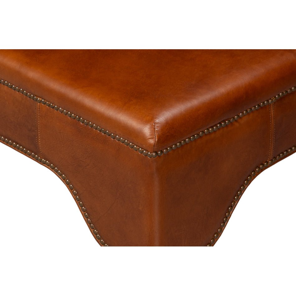 Square Brown Leather Cocktail Ottoman - English Georgian America