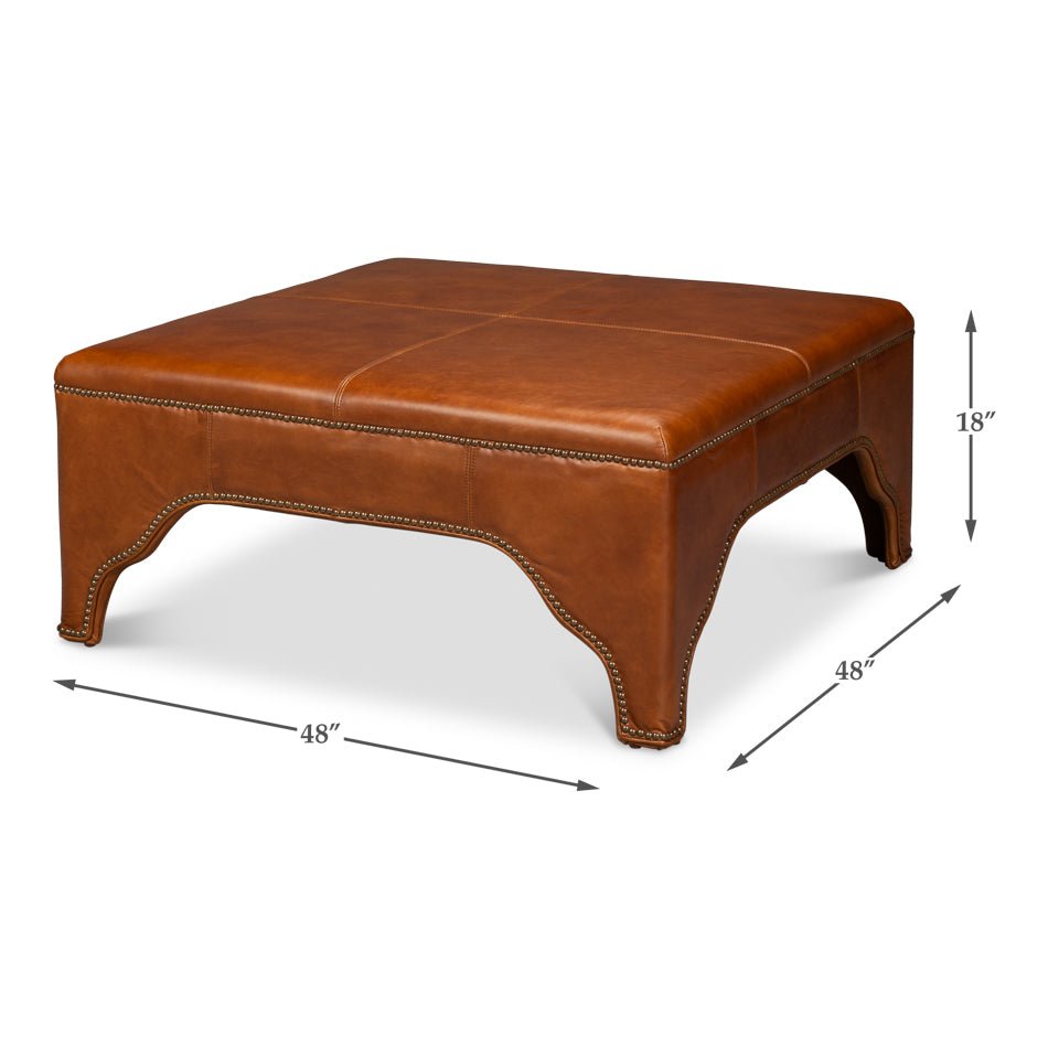 Square Brown Leather Cocktail Ottoman - English Georgian America