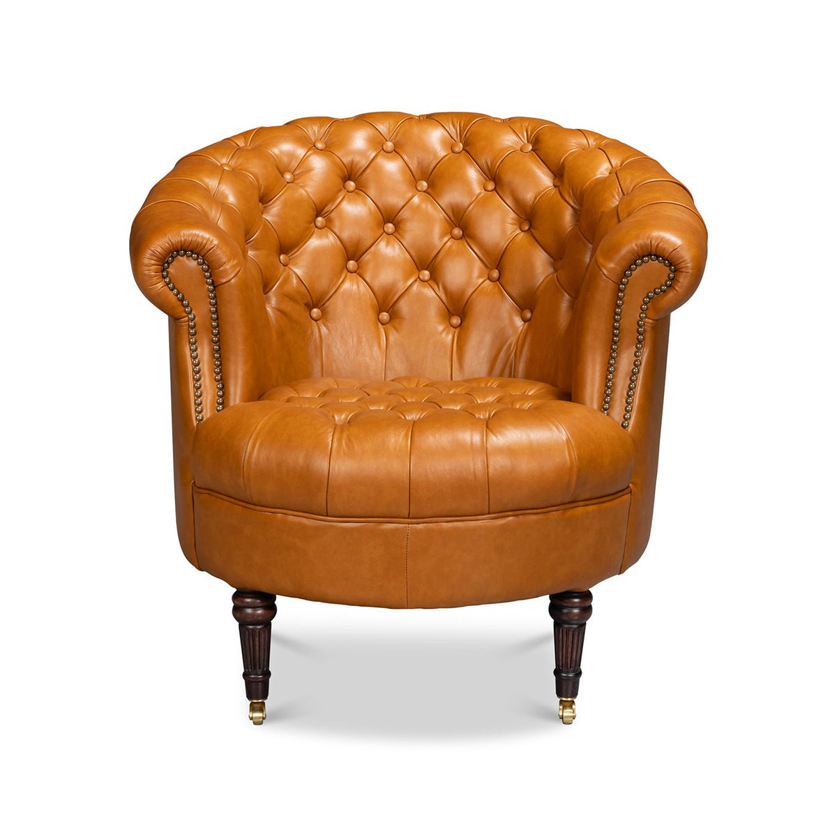 Tan Saddle Leather Barrel Back Chair - English Georgian America