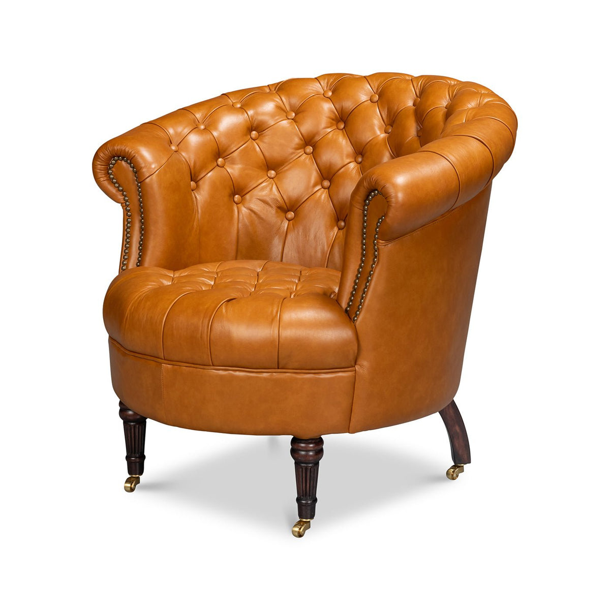 Tan Saddle Leather Barrel Back Chair - English Georgian America