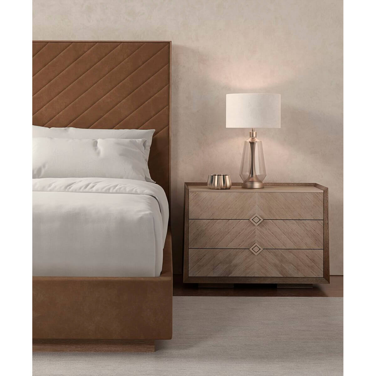 Taupe Chevron Tufted Upholstered Queen Bed - English Georgian America