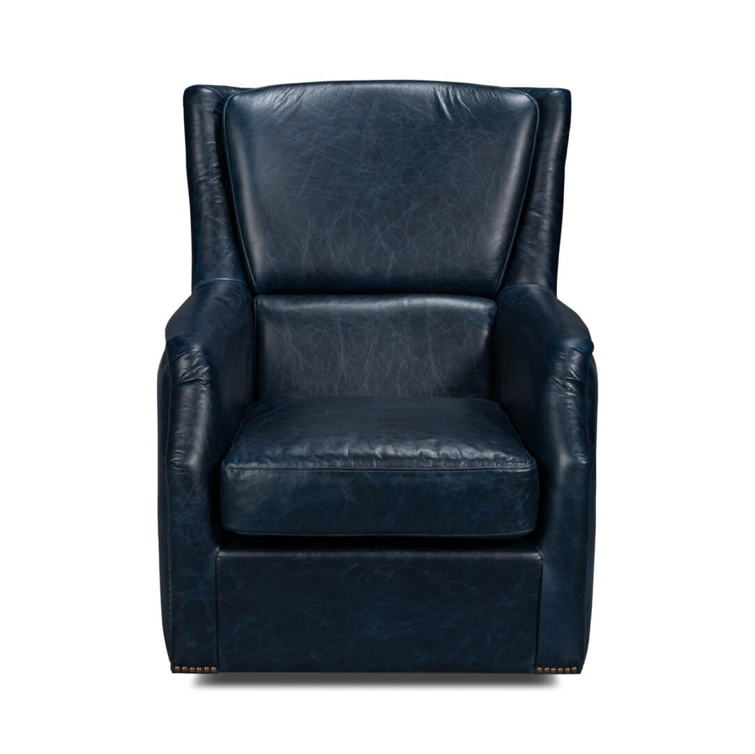 Traditional Blue Leather Swivel Chair - English Georgian America