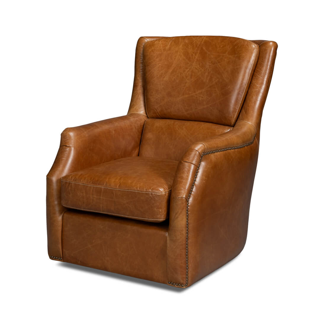 Traditional Brown Leather Swivel Chair - English Georgian America