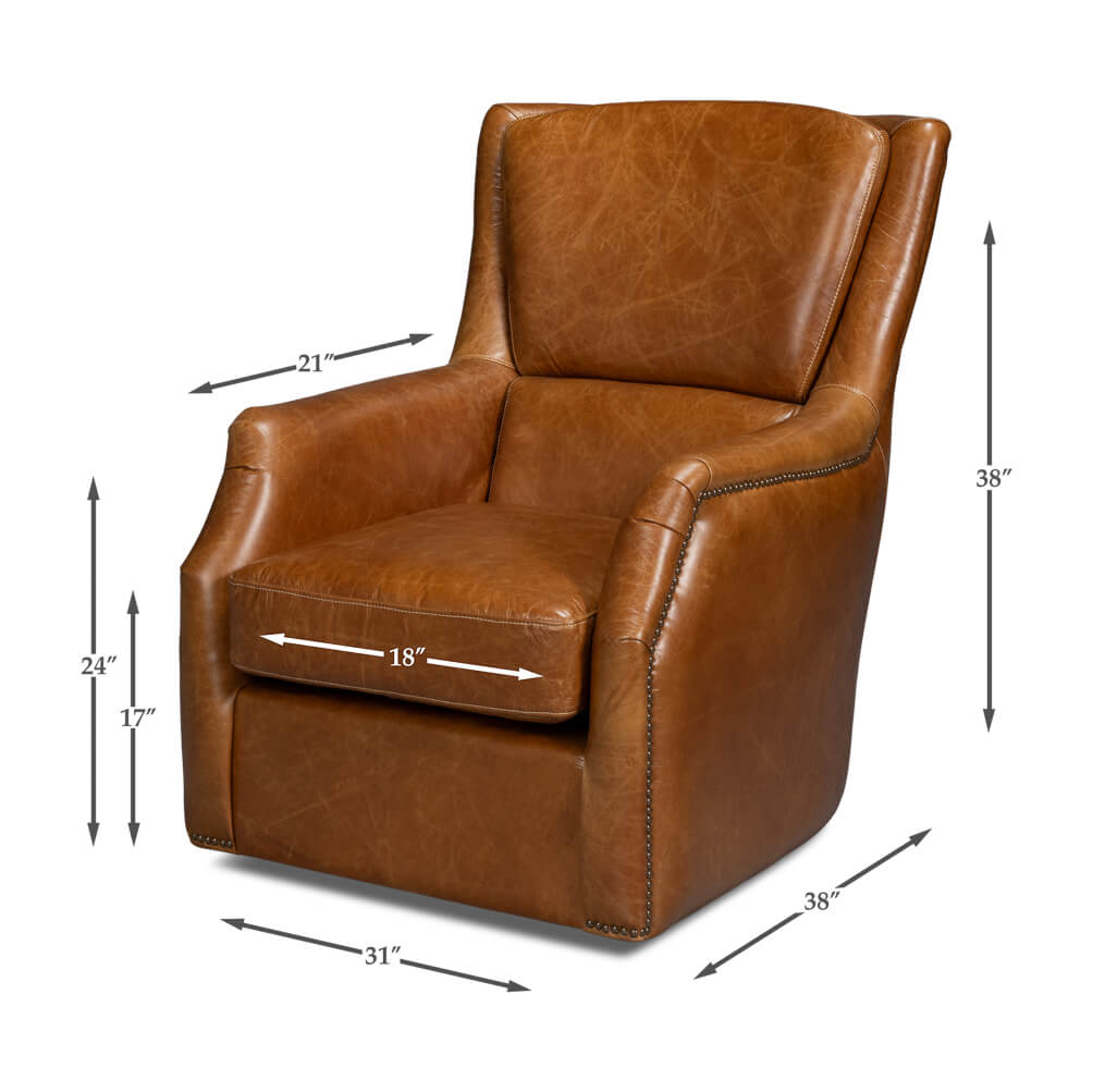 Traditional Brown Leather Swivel Chair - English Georgian America