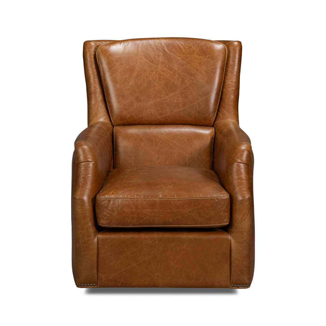 Traditional Brown Leather Swivel Chair - English Georgian America