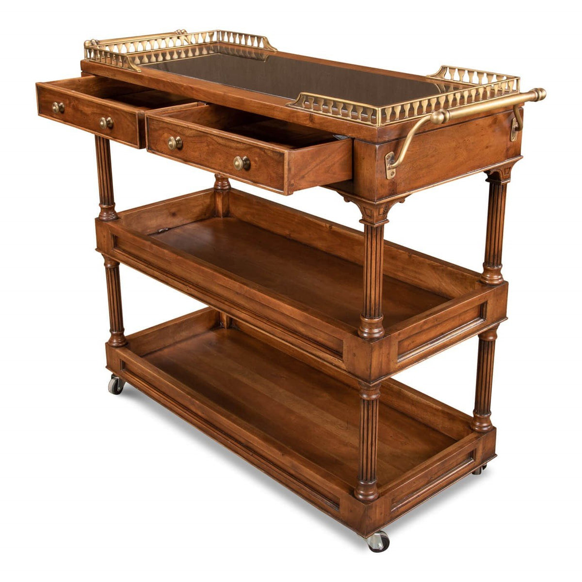 Traditional Style Walnut Rolling Bar Cart - English Georgian America