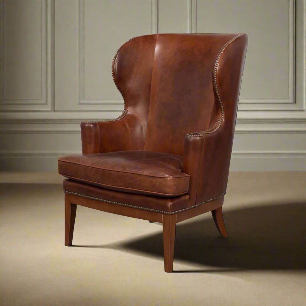 Transitional Brown Leather Wing Chair - English Georgian America