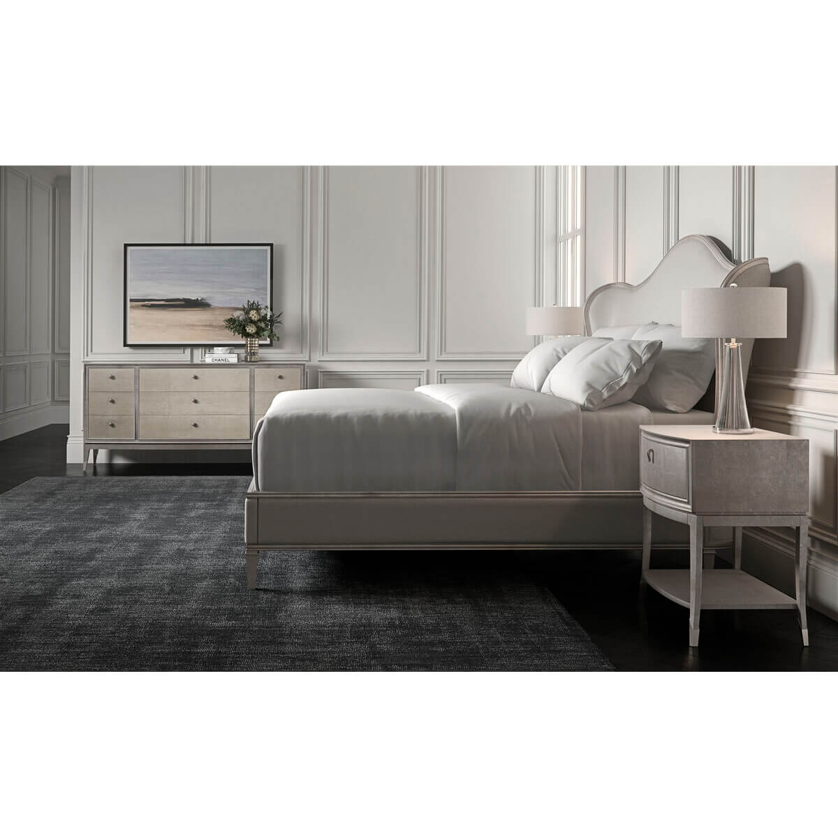 Transitional Style Upholstered King Bed in Silver - English Georgian America
