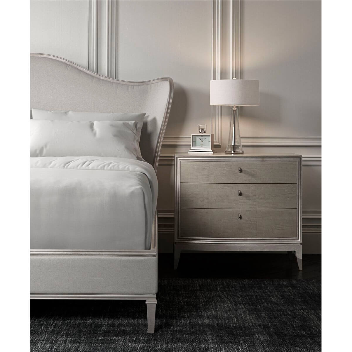 Transitional Style Upholstered King Bed in Silver - English Georgian America
