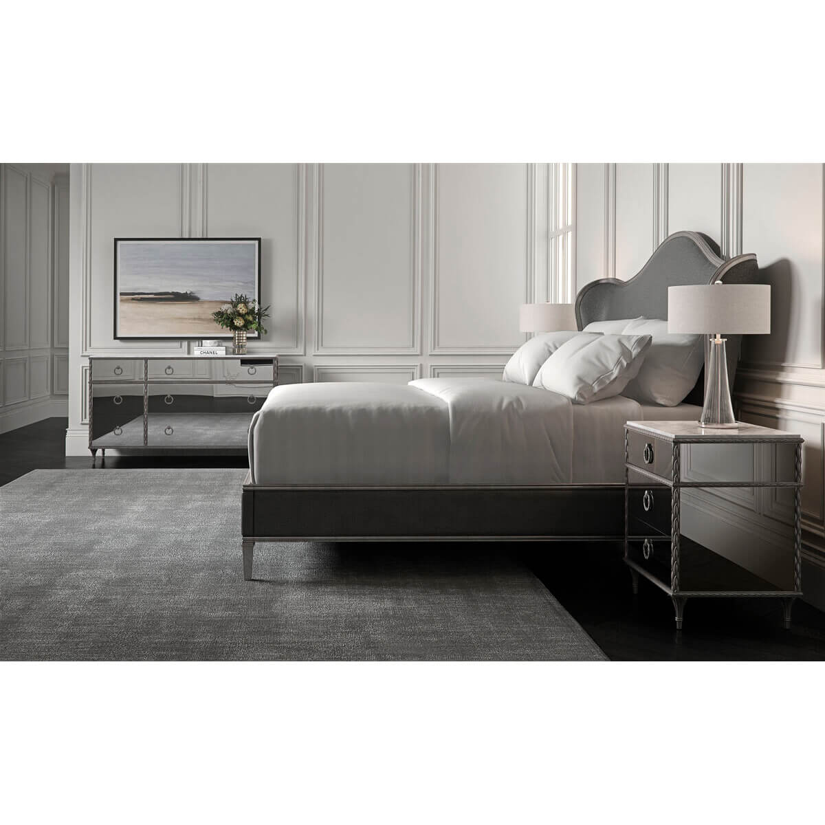 Transitional Style Upholstered King Bed - Sea Smoke - English Georgian America