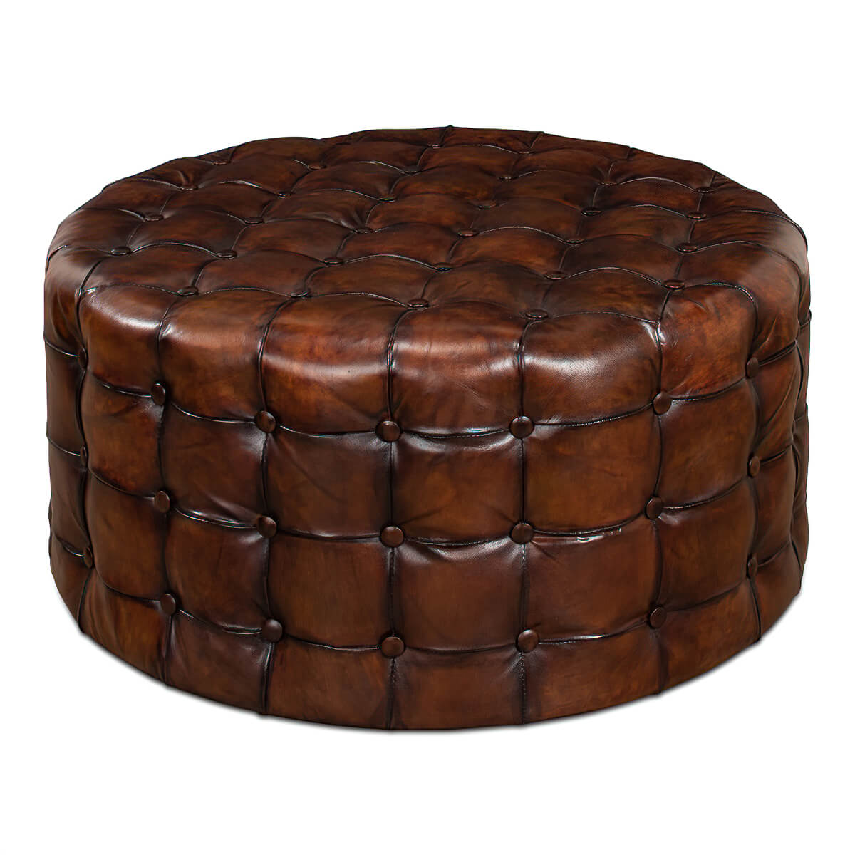 Tufted Leather Round Ottoman - English Georgian America