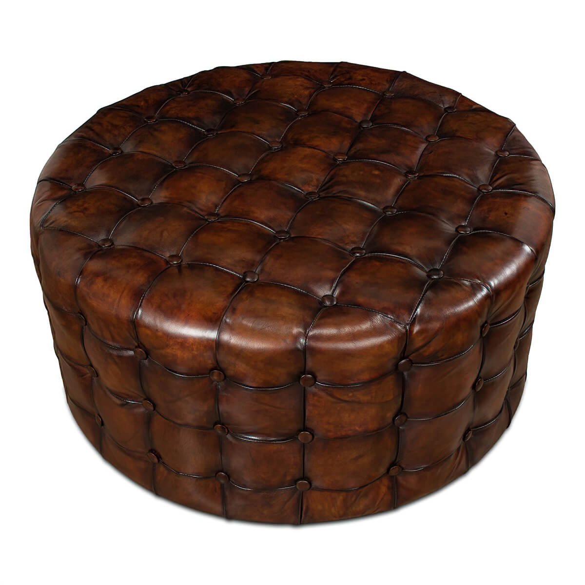 Tufted Leather Round Ottoman - English Georgian America