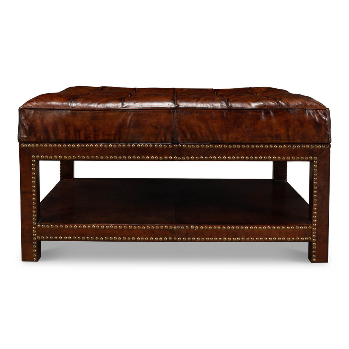 Vintage-Style Tufted Leather Ottoman - English Georgian America