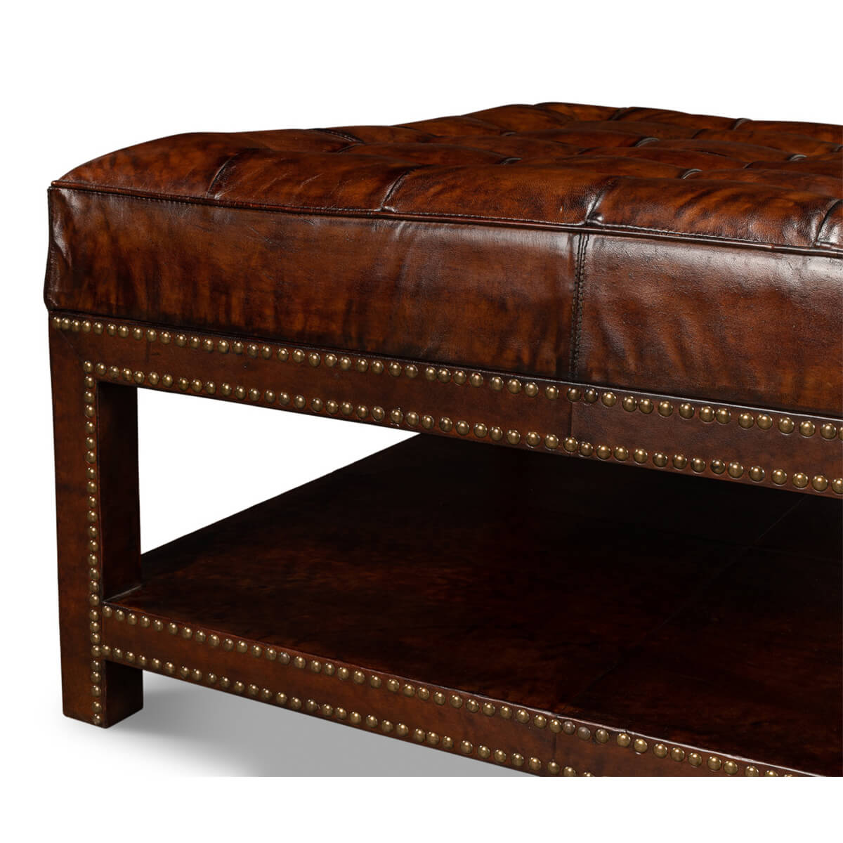 Vintage-Style Tufted Leather Ottoman - English Georgian America