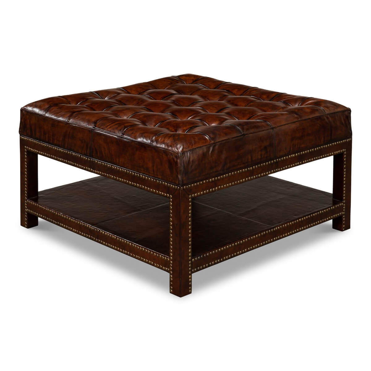 Vintage-Style Tufted Leather Ottoman - English Georgian America