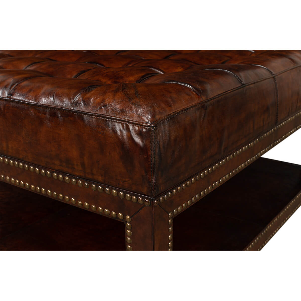 Vintage-Style Tufted Leather Ottoman - English Georgian America