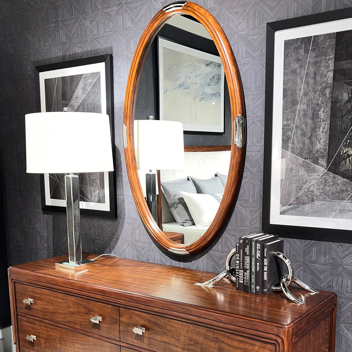 Walnut Art Deco Oval Mirror - English Georgian America