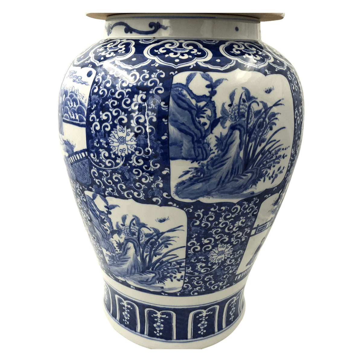 Chinese Blue and White Temple Jar with panel scenes - English Georgian America