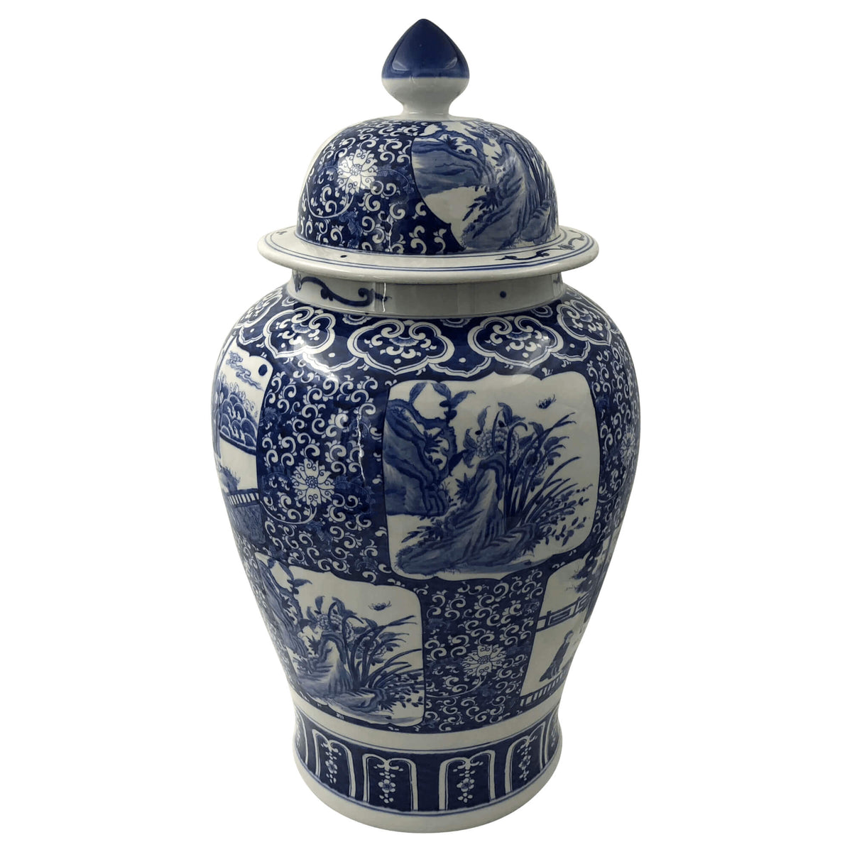 Chinese Blue and White Temple Jar with panel scenes - English Georgian America