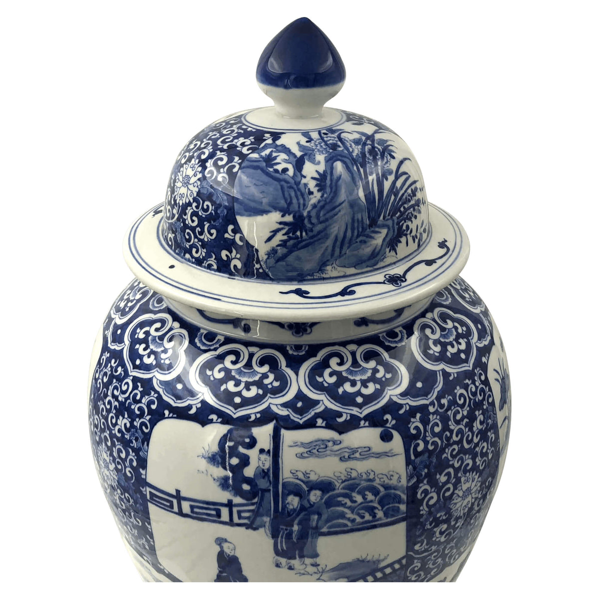 Chinese Blue and White Temple Jar with panel scenes - English Georgian America
