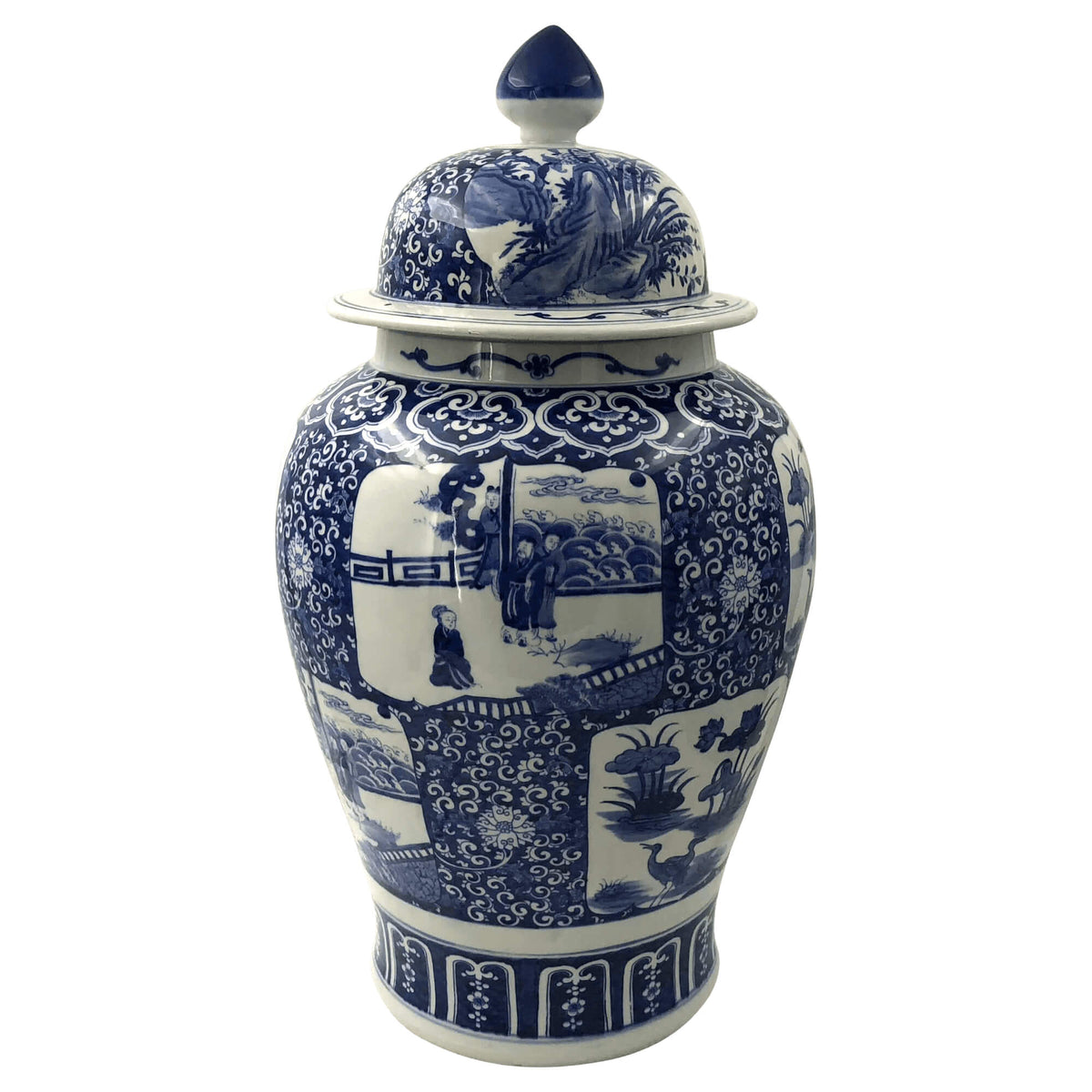 Chinese Blue and White Temple Jar with panel scenes - English Georgian America