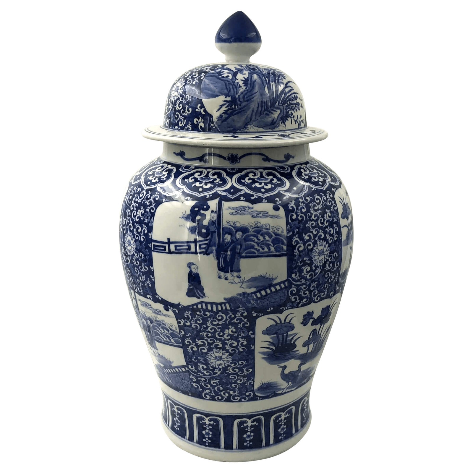 Chinese Blue and White Temple Jar with panel scenes - English Georgian America