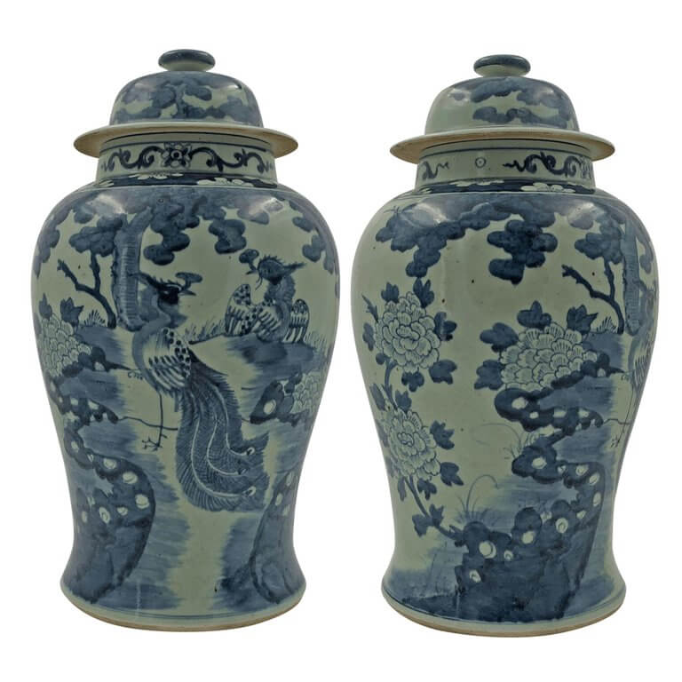 Pair of Large Chinese Pheasant Temple Jars - English Georgian America