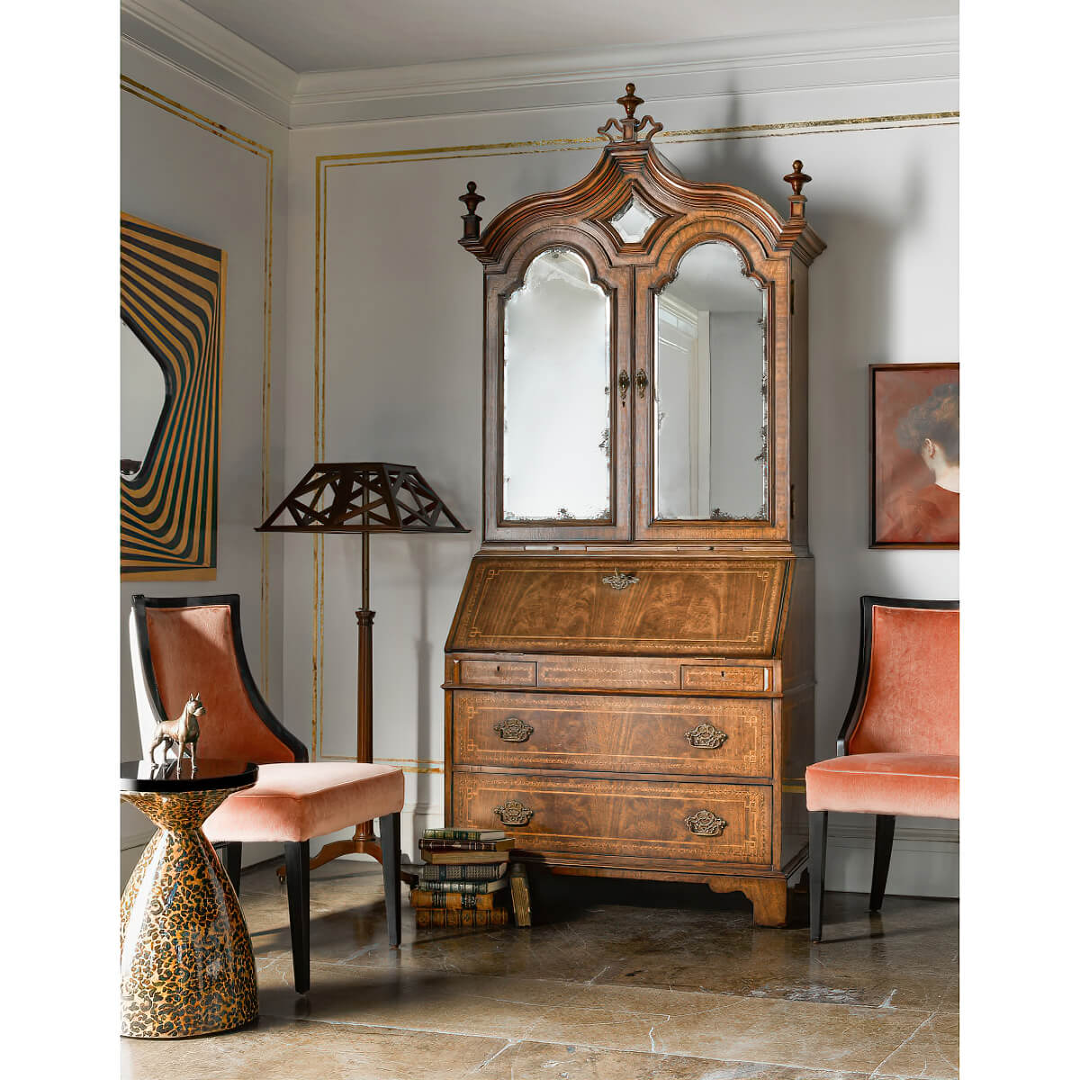 Queen Anne Style Walnut Secretary Bookcase – Chinoiserie &amp; Mirror Doors - English Georgian America