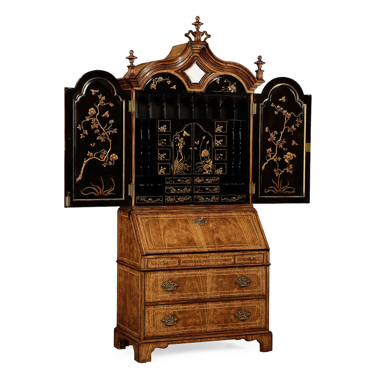 Queen Anne Style Walnut Secretary Bookcase – Chinoiserie &amp; Mirror Doors - English Georgian America