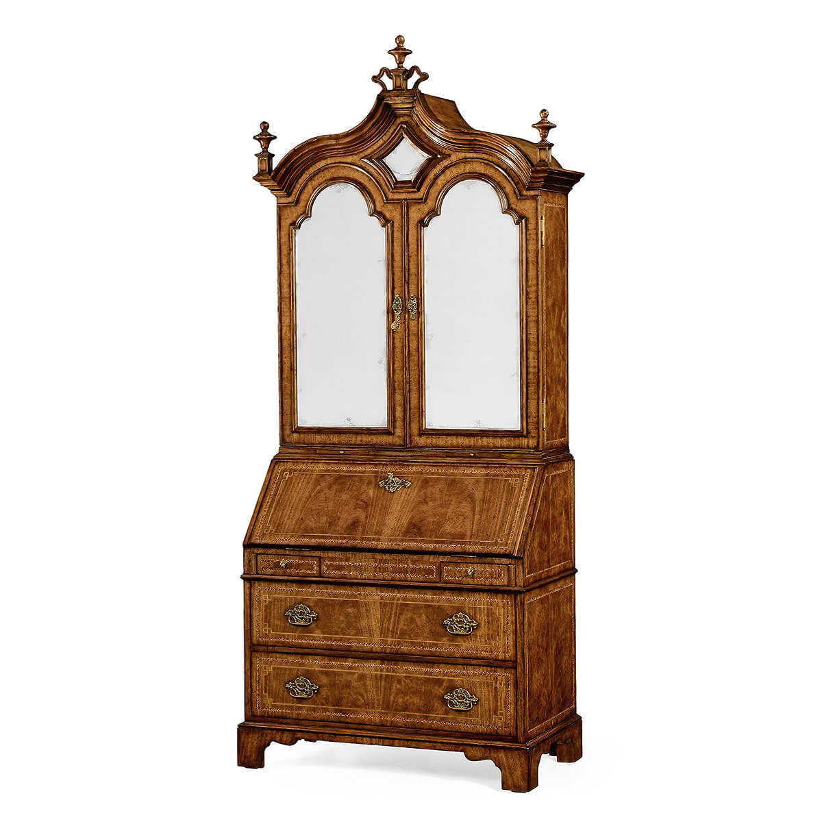 Queen Anne Style Walnut Secretary Bookcase – Chinoiserie &amp; Mirror Doors - English Georgian America