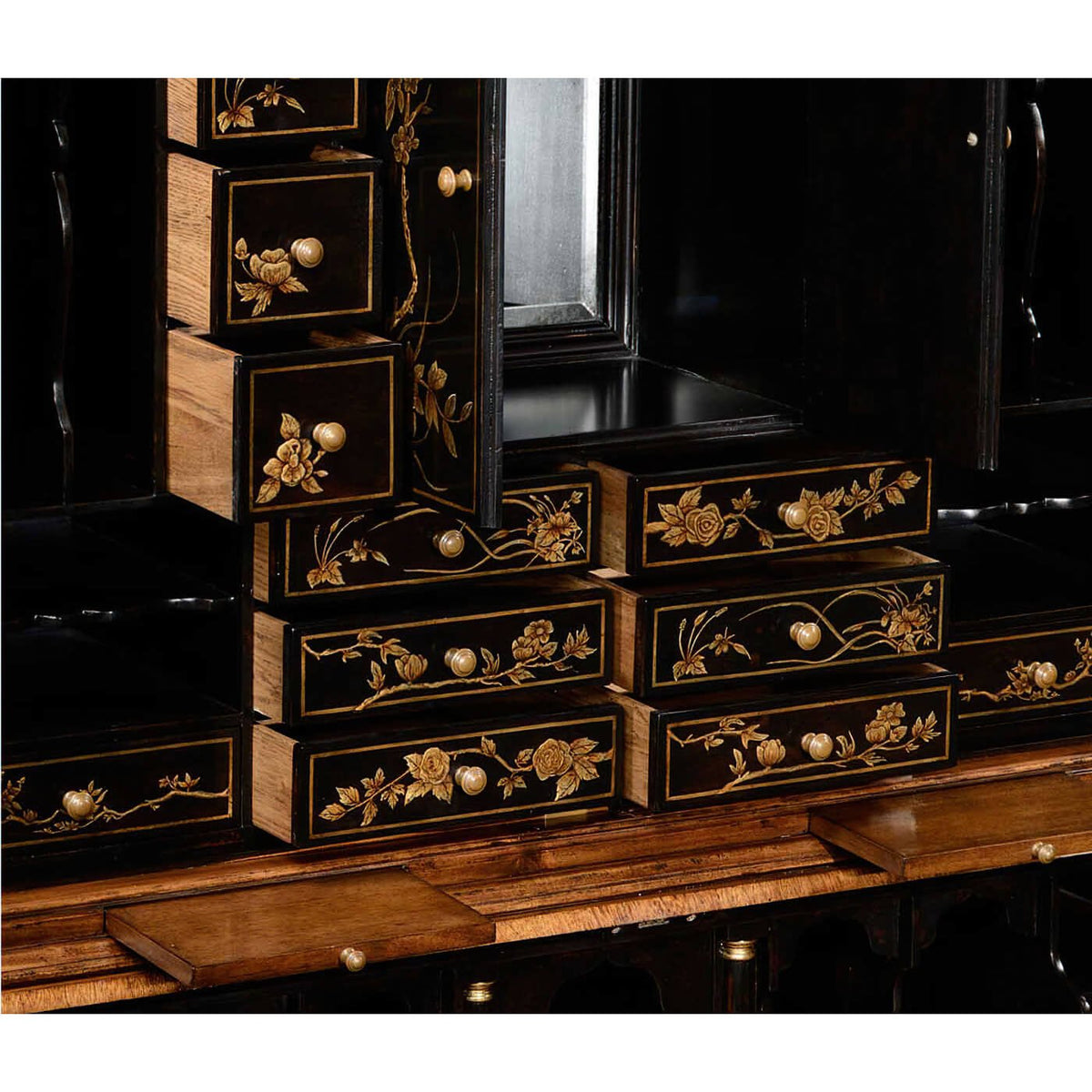 Queen Anne Style Walnut Secretary Bookcase – Chinoiserie &amp; Mirror Doors - English Georgian America